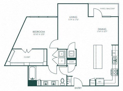 Floor plan for 1 bed, 1 bath, 1064 sqft